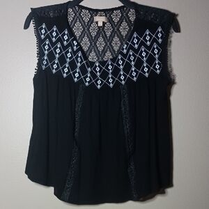 Takara Black Sleeveless Blouse with White Geometric Embroidery